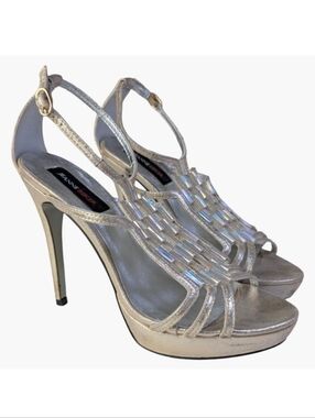 Jeanne Beker Gold Platform Strappy Heels |  Iridescent Embellishments | Size 8.5